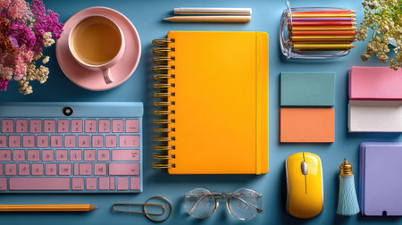This vibrant flat lay showcases a colorful workspace featuring a yellow notebook, coffee cup, stationery, and digital accessories, evoking creativity.の素材