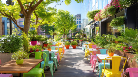 This image captures a lively outdoor cafe adorned with colorful chairs and blooming flowers. The bright sunlight enhances the inviting atmosphere, making it a perfect spot for relaxation and leisure in an urban environment.の素材