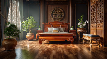 This image showcases an elegant bedroom interior featuring rich wooden furniture and lush plants. The warm lighting creates a soothing atmosphere perfect for relaxation.の素材