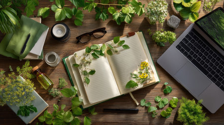 A stylish workspace featuring a notebook surrounded by greenery and a laptop, creating a serene environment for creativity and productivity.の素材