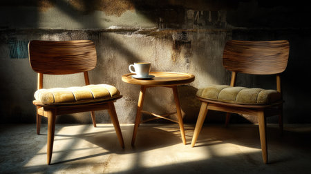 A captivating scene featuring two stylish wooden chairs and a round table bathed in soft sunlight, accompanied by a coffee cup and inviting cushions.の素材