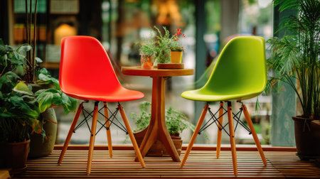 A vibrant scene featuring two colorful modern chairs in red and green, elegantly placed beside a small table and lush potted plants, creating a cozy indoor atmosphere.の素材