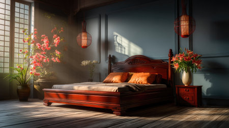 This beautiful bedroom features a wooden bed adorned with soft pillows, vibrant floral accents, and soft natural lighting, creating a tranquil and inviting space.の素材