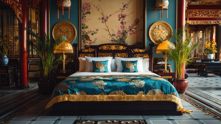 This stunning traditional bedroom showcases elegant decor with vibrant colors, featuring intricate floral patterns, tasteful furnishings, and rich cultural details.の素材