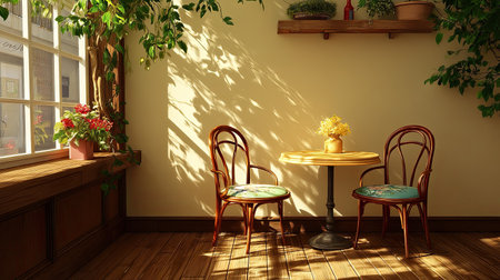 A cozy corner featuring wooden chairs and a round table bathed in warm sunlight. Green plants and flowers create a serene atmosphere perfect for relaxation.の素材