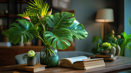 A serene indoor setting featuring lush green plants arranged in stylish containers on a wooden table, creating a cozy reading nook enhanced by warm lighting.の素材