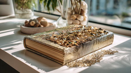 A beautifully adorned gold book featuring shimmering gems and crystals on a bright table, creating a serene atmosphere with natural light filtering through.の素材
