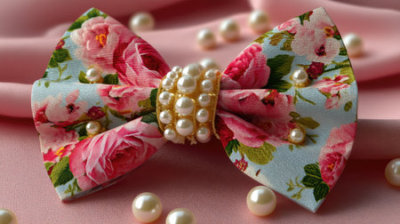 A beautifully crafted floral bow adorned with pearls, resting on soft pink fabric, ideal for fashion shoots or elegant event decorations, radiating charm.の素材