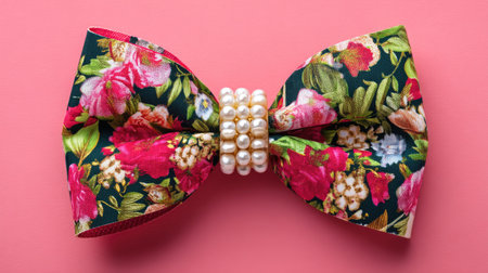 This stunning floral bow tie features vibrant colors and delicate pearl accents, perfect for adding a touch of elegance to any outfit or occasion.の素材