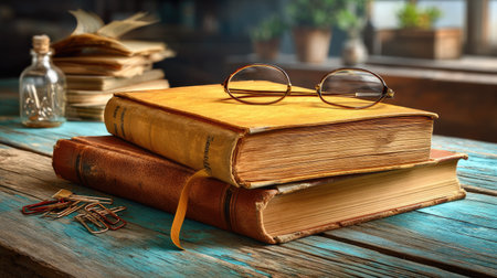 A serene composition featuring vintage books stacked on a weathered wooden table, accompanied by reading glasses and soft natural light, ideal for academics.の素材