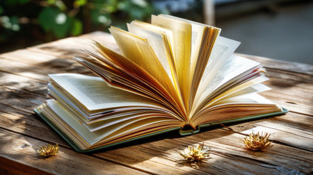 An open book rests on a rustic wooden table, its pages illuminated by bright sunlight, surrounded by lush greenery, creating a serene reading atmosphere.の素材
