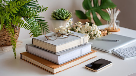 A cozy workspace featuring neatly stacked books, stylish glasses, and green plants that inspire creativity and productivity. Ideal for study and work.の素材