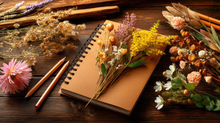 A flatlay image featuring an arrangement of natural dried flowers on a brown notebook, accompanied by art supplies. This aesthetic composition inspires creativity and showcases the beauty of nature. Perfect for arts and crafts projects.の素材