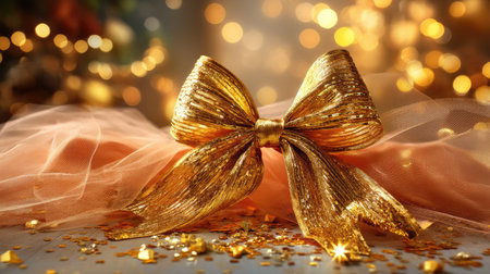 A stunning golden bow with tulle and scattered glitter creates a festive atmosphere. Perfect for gift wrapping, holiday decor, and celebrations.の素材