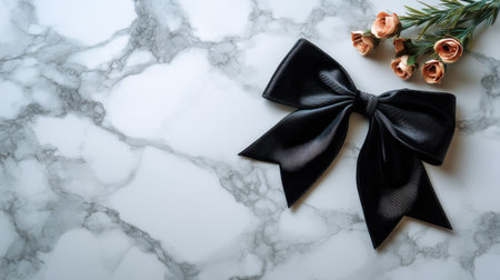 This stunning image features an elegant black bow resting on a beautiful marble surface, accompanied by delicate roses. Perfect for fashion and decor inspiration.の素材