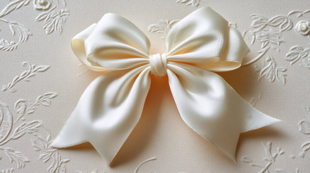 This image features an elegant cream satin bow placed on an embossed textured background, perfect for gift wrapping or decorative purposes for any celebration.の素材