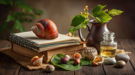 A serene still life arrangement featuring a colorful shell, green leaves, a decorative jar, and an open journal on a rustic wooden table, evoking calmness.の素材