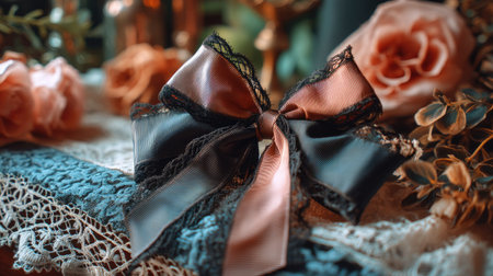 This stunning image showcases an elegant satin bow with delicate lace details, beautifully arranged on a decorative vintage background adorned with flowers.の素材