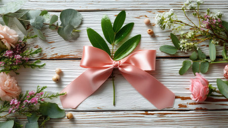 A beautiful floral arrangement featuring delicate pink flowers, lush green leaves, and a soft pink ribbon, perfect for romantic events and celebrations.の素材