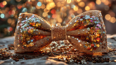 A stunning golden bow tie adorned with sparkling sequins is showcased on a glittery background. Perfect for festive celebrations and elegant occasions.の素材