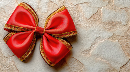 This image features an elegant red ribbon bow embellished with gold trim, resting on a subtle textured background, perfect for seasonal decoration or gift wrapping.の素材