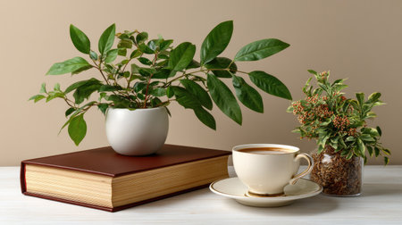This cozy still life captures the essence of relaxation with lush green plants, a classic book, and a delicate cup of tea, set against a warm beige backdrop.の素材