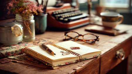 A serene and inviting vintage workspace featuring a typewriter, notebook, and warm lighting. This scene inspires creativity and reflection in a cozy atmosphere.の素材