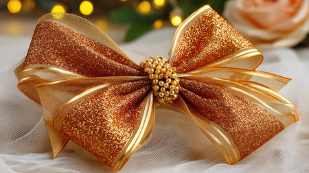 This elegant golden bow features shimmering glitter and a luxurious design, perfect for holiday decorations or special gifts, creating a festive atmosphere.の素材