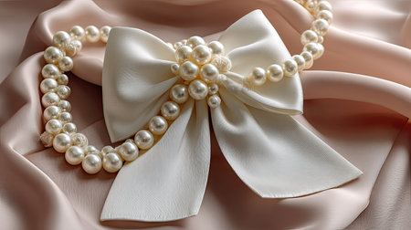 A beautifully arranged elegant white bow adorned with pearls rests on soft silk fabric, ideal for fashion and jewelry themes. Perfect for luxurious presentations.の素材