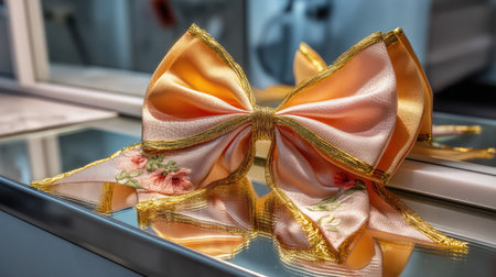 This image showcases a beautifully crafted satin bow featuring intricate floral embroidery, resting gracefully on a reflective surface under soft lighting.の素材