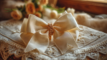 This image showcases an elegant cream satin bow resting on vintage lace, complemented by a soft floral background, perfect for adding a romantic touch to decor or gifts.の素材