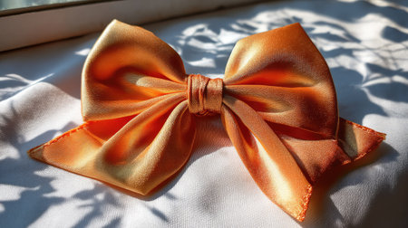 A vibrant orange bow ribbon elegantly displayed on soft fabric, casting gentle shadows in warm natural light, perfect for celebrations and fashion.の素材