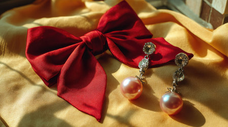 A beautiful arrangement featuring a vibrant red bow and delicate pearl earrings on soft silk fabric. The natural light enhances the elegance and allure.の素材