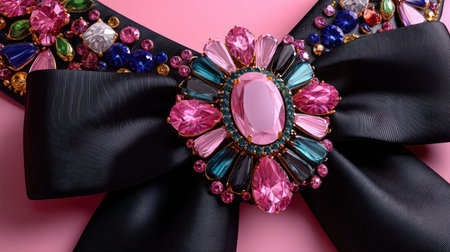 This image features a stunning statement necklace adorned with colorful gems and a large pink jewel, set against a soft pink background, exuding elegance and charm.の素材
