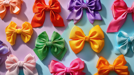 A vibrant array of colorful satin hair bows set against a soft gradient background, perfect for fashion and creative craft design projects.の素材