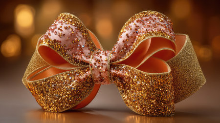 This stunning golden bow decoration features sparkling glitter and elegant design, perfect for festive occasions, crafts, and celebration accessories.の素材