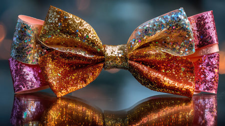 A stunning close-up of a vibrant glitter bow tie featuring various colors reflecting beautifully on a smooth surface, ideal for festive occasions.の素材