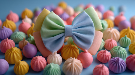 A colorful fabric bow sits prominently on a bright surface, surrounded by an array of whimsical candy in soft pastel shades, evoking joy and celebration.の素材