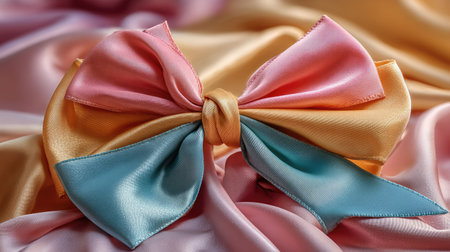 A beautifully crafted colorful satin bow is elegantly tied on a soft fabric background featuring delicate pastel shades, offering a charming visual appeal.の素材