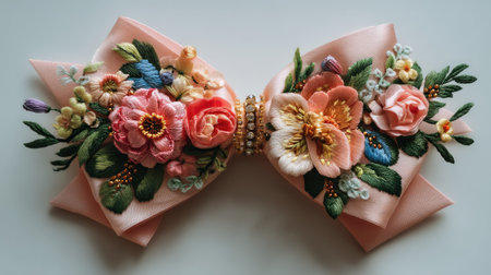 A beautifully crafted decorative bow featuring intricate embroidery of vibrant flowers and leaves in soft pink. Perfect for gifts or accessories.の素材