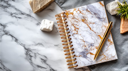 This flat lay showcases an elegant notebook and gold pen on a stylish marble surface. Perfect for creative ideas, planning, or notes in modern workspaces.の素材