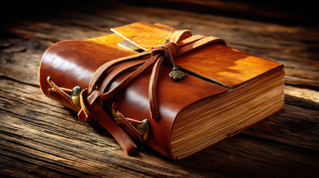 This image features a vintage leather journal resting on a rustic wooden surface, illuminated by natural light. It captures the warm textures and exquisite craftsmanship, perfect for evoking nostalgia and inspiration for creative writing.の素材