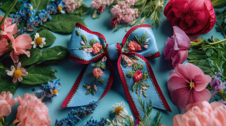 A stunning embroidered bow takes center stage among a vibrant array of fresh flowers on a rich blue background, perfect for seasonal celebrations.の素材