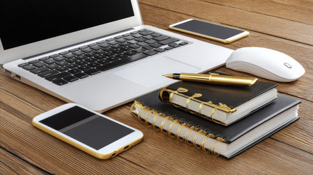 A modern workspace featuring a laptop, smartphones, notebooks, and a pen arranged on a wooden surface, perfect for creativity and productivity.の素材