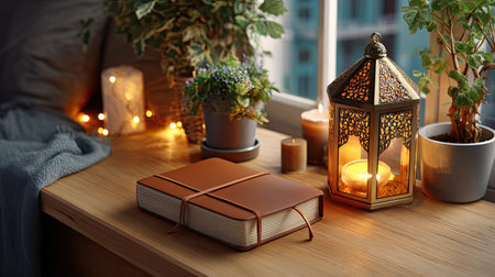 A serene evening scene featuring a leather-bound journal, glowing candles, and a decorative lantern surrounded by lush greenery, creating a tranquil ambiance.の素材