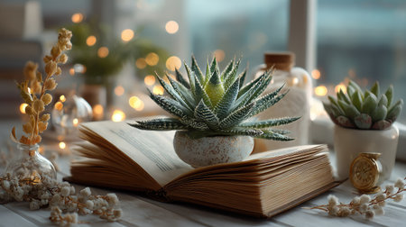 A beautiful arrangement featuring a succulent plant on an open book, surrounded by soft, warm lights and decorative elements, creating a cozy atmosphere.の素材
