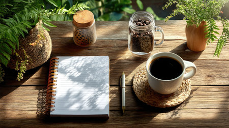A cozy workspace featuring a notepad, a steaming cup of coffee, and lush green plants on a rustic wooden table. Perfect for inspiration and relaxation.の素材