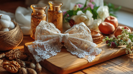 A graceful lace bow rests on a rustic wooden table, surrounded by flowers and natural elements, evoking a warm, cozy atmosphere perfect for a homely setting.の素材