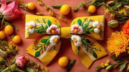 This captivating image features a bright yellow bow adorned with intricate floral embroidery, surrounded by various colorful flowers and citrus fruits on a textured background.の素材