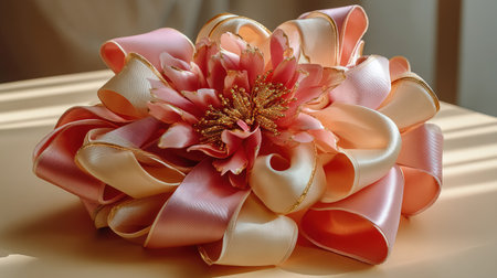A stunning pink and cream ribbon bow featuring a decorative flower centerpiece, perfect for enhancing gifts or event decorations with a touch of elegance.の素材